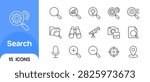 Search vector icon set simple line icons for ui ux design, app and web includes magnifying glass, voice search, location pin, zoom, binoculars, telescope, target, file search