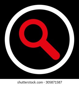 Search vector icon. This rounded flat symbol is drawn with red and white colors on a black background.