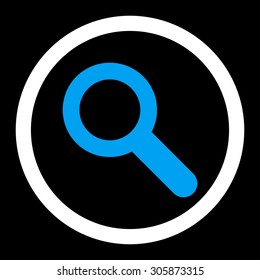 Search vector icon. This rounded flat symbol is drawn with blue and white colors on a black background.