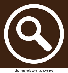 Search vector icon. This rounded flat symbol is drawn with white color on a brown background.
