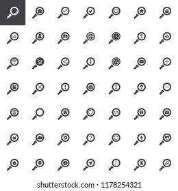 Search vector icons set, modern solid symbol collection, filled style pictogram pack. Signs, logo illustration. Set includes icons as Magnifying glass, Statistics, Information, Research, Magnifier