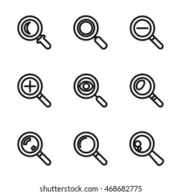 Search vector icons. Simple illustration set of 9 search elements, editable icons, can be used in logo, UI and web design
