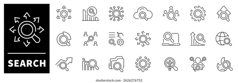 Search vector icons. Search thin line icon collection. SEO, digital marketing, data analysis, management, investigate, find, search related icons
