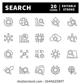 Iconos del vector de la Búsqueda. Búsqueda de línea delgada icono de colección. SEO, marketing digital, análisis de datos, gestión, investigar, encontrar, buscar iconos relacionados
