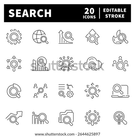 Search vector icons. Search thin line icon collection. SEO, digital marketing, data analysis, management, investigate, find, search related icons
