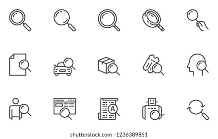 Search Vector Line Icons Set. Search for Documents, Goods, Tickets, Employees. Search Bot, Intelligent Search. Editable Stroke. 48x48 Pixel Perfect.