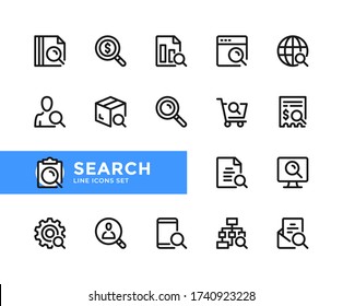 Search vector line icons. Simple set of outline symbols, graphic design elements. Line icons