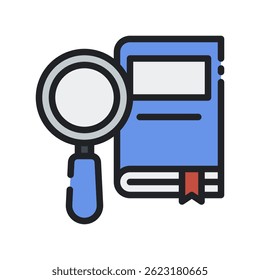 Search Vector for Online Query and Book Discovery. Magnifying glass illustration. Research and information icon. Filled Line Icon