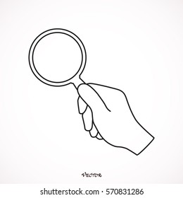 search, verify on white background, hand holding magnifier glass, flat style