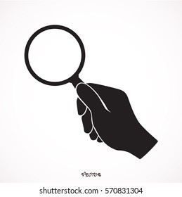 search, verify on white background, hand holding magnifier glass, flat style.