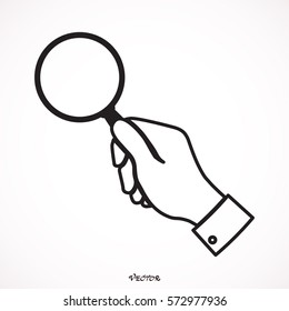search, verify on white background, hand holding magnifier glass, flat style.