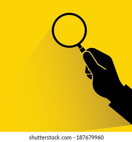 search, verify on yellow background, hand holding magnifier glass