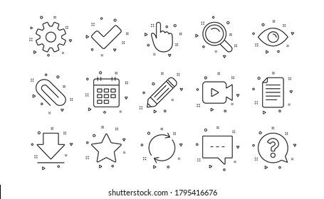 Search, Video camera and Check mark. Document, Calendar and Question mark line icons. Linear icon set. Geometric elements. Quality signs set. Vector