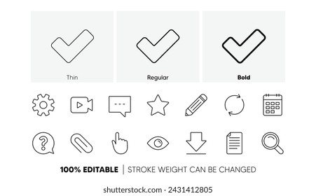 Búsqueda, Cámara de video y marca de verificación. Iconos de línea de documento, calendario y signo de interrogación. Conjunto de iconos lineales. Conjunto de iconos de línea. Vector