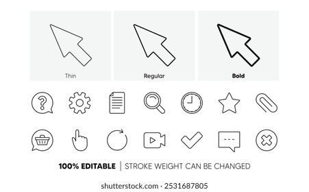 Search, Video camera and Check mark. Document, Time and Question mark line icons. Linear icon set. Line icons set. Vector