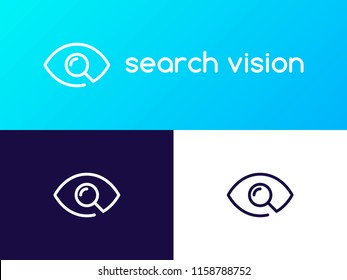 Search Vision logo concept. Line Eye with Magnifier icon design template. Linear search sign of ophthalmologist. Creative minimal vector element