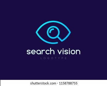 Search Vision logo concept. Line Eye with Magnifier icon design template. Linear search sign of ophthalmologist. Creative minimal vector element