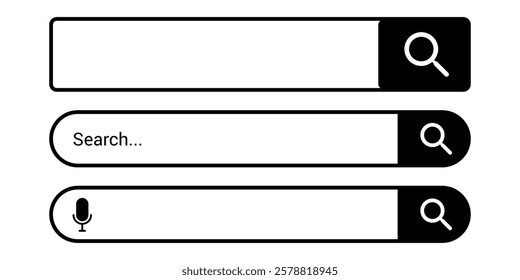 Search web bar icon set with magnifying glass. Vector search bar icon set.