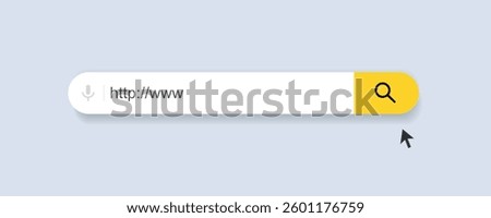 Search web bar with round corners. Internet browser engine with search box, address bar and text field. UI design, website interface element with web icons and push button. Vector