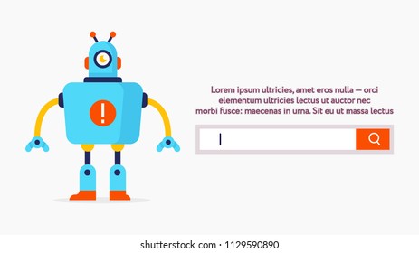 Search web form UI UX design web banner with the cute robot in simple shapes flat design style. Vector web form with the button and search input. 