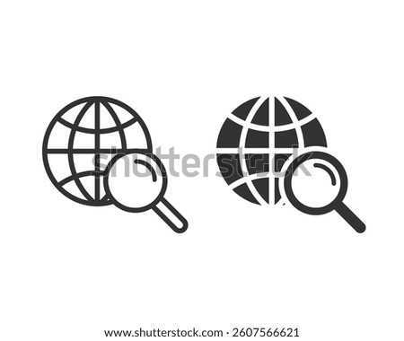 Search web icon set. Global search icon. World earth and magnifying glass icon