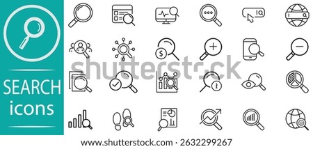 Search and web icon set in line style. Search icon set. Containing research, magnifying glass, find, digital marketing, containing SCO, web and investigate icons. Vector illustration.