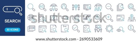 Search web line icons. Magnifying glass linear icon collection. Containing SEO, Digital marketing, data analysis, management, investigate. Editable stroke