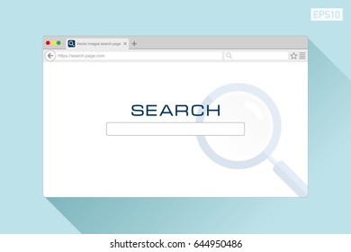 Search web page in flat style on color background, magnifying glass. Internet browser. Vector design object for you project 