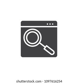 Search web page vector icon. filled flat sign for mobile concept and web design. Browser with Magnifying glass simple solid icon. Symbol, logo illustration. Pixel perfect vector graphics