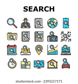 search web website internet icons set vector. computer information, business technology, research interface, online, browser search web website internet color line illustrations