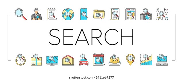 buscar sitio web iconos de internet conjunto vector. información informática, tecnología empresarial, interfaz de investigación, en línea, búsqueda en sitios web web de búsqueda ilustraciones de la línea de color de Internet