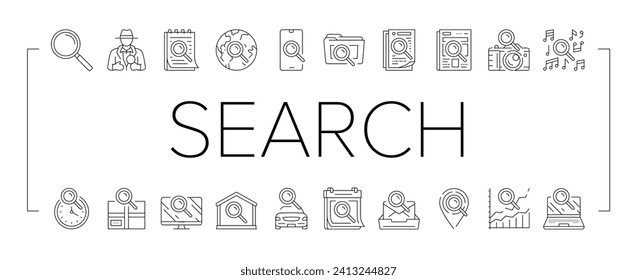 search web website internet icons set vector. computer information, business technology, research interface, online, browser search web website internet black line illustrations