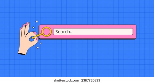 Suchfenster. Benutzerschnittstelle im Retro-Neobrutalismus-Stil. Y2k-Elemente für UI UX-Design. Eine Cartoon-Hand hält eine Lupe.
