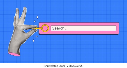 Search window. User interface in retro neobrutalism and collage style. Y2k elements for UI UX design. A halftone hand holds a magnifying glass