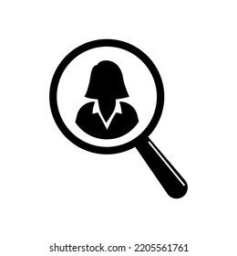 Search for woman resource icon. Looking for employee worker. Search female vector icon. Magnifying glass with girl.