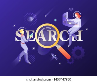 SEARCH word, astronauts, and magnifier vector illustration. Cosmic design vector illustration concept for website app landing web page development.
