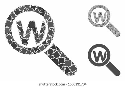 Search Word Composition Of Irregular Parts In Variable Sizes And Color Tinges, Based On Search Word Icon. Vector Uneven Parts Are Organized Into Collage. Search Words Collage With Dotted Pattern.