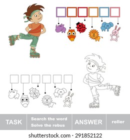 Search the word ROLLER. Find hidden word. Rebus kid riddle game. Task and answer. Game for children. 