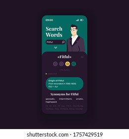Search words smartphone interface vector template. Mobile app page green and blue design layout. Online vocabulary screen. Flat UI for application. Language knowledge. Phone display