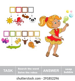 Search the words SOAP BUBBLE. Find hidden word. Rebus kid riddle game. Task and answer. Game for children.