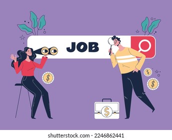 Search work job bar with people characters. Online internet browsing users searching and looking available vacancy concept. Recruitment service networking. Vector graphic design illustration