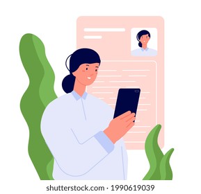 Search work online. Look job, woman publishes cv in internet. Find new business idea. Girl using smartphone searching professional growth utter vector concept