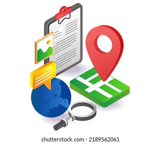 Search world address for survey data in isometric illustration