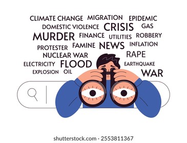 Search world news. Study world information. Sad character with binoculars. Negative information background. Geopolitical education. Flat vector illustration isolated on white background.