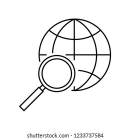 Search worldwide line icon, outline vector sign, linear style pictogram isolated on white. Globe and magnifier glass symbol, logo illustration.