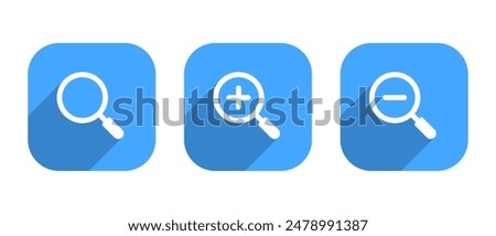 Search and zoom icon with long shadow in square. Find and magnifying glass with plus and minus