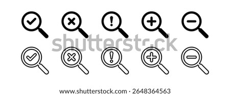 Search and Zoom Icon Pack – Magnifying Glass with Check, Cancel, Plus, Minus, and Exclamation Symbols