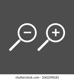 Search, zoom icon. Vector illustration, flat design. White on grey background.	