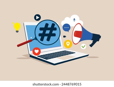 Searchable Hashtag on a laptop denoting content. Communication. Vector illustration in flat style