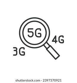 Suche nach 5G-Verbindungssymbol in der Linienführung. Suche, 5g, Verbindung, Symbol, mobil, drahtlos, Technologie, Vektorgrafik. Suche nach einem für die 5G-Verbindung bearbeitbaren Strichsymbol.